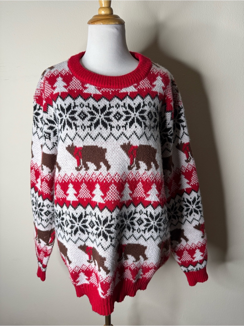 Red Fair Isle Brown Bear Ugly Christmas Sweater Unisex L/XL